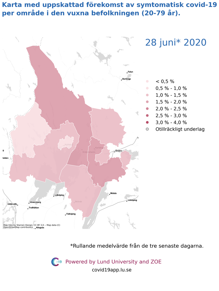 Karta med uppskattad förekomst av symtomatisk covid-19 i den vuxna befolkningen (20-79 år) i olika områden i Värmland, 28 juni 2020.
