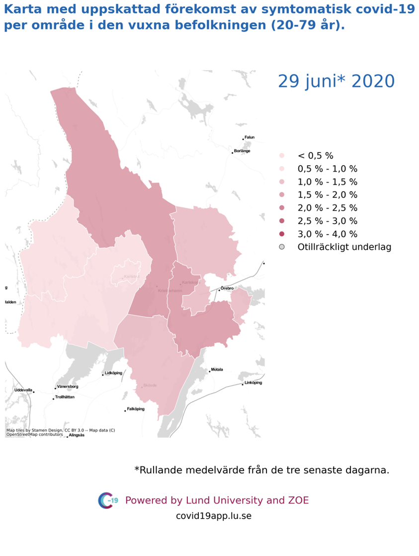 Karta med uppskattad förekomst av symtomatisk covid-19 i den vuxna befolkningen (20-79 år) i olika områden i Värmland, 29 juni 2020.