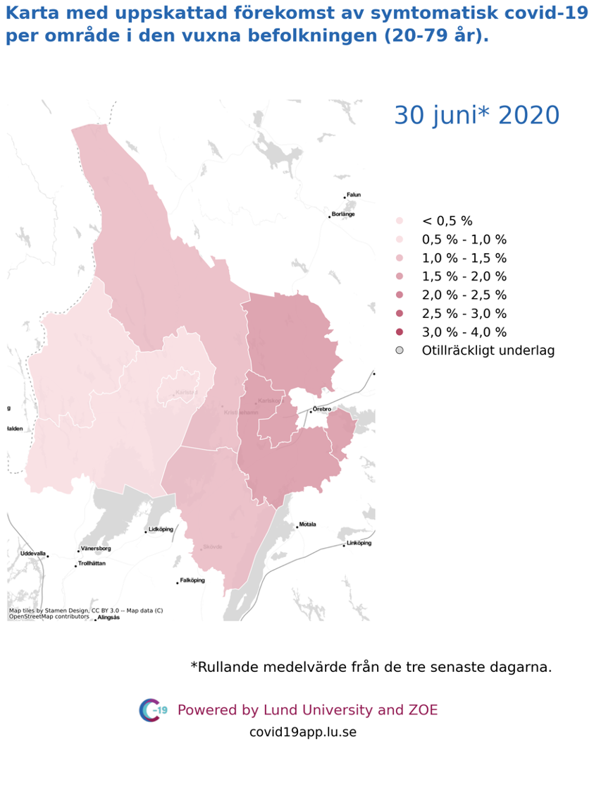 Karta med uppskattad förekomst av symtomatisk covid-19 i den vuxna befolkningen (20-79 år) i olika områden i Värmland, 30 juni 2020.
