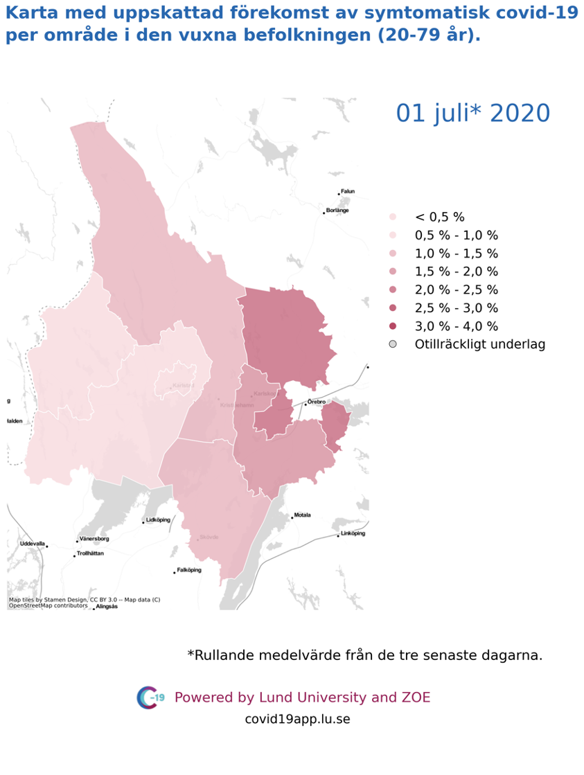 Karta med uppskattad förekomst av symtomatisk covid-19 i den vuxna befolkningen (20-79 år) i olika områden i Värmland, 1 juli 2020.