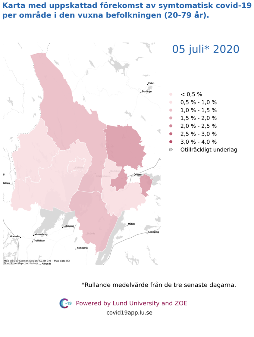 Karta med uppskattad förekomst av symtomatisk covid-19 i den vuxna befolkningen (20-79 år) i olika områden i Värmland, 5 juli 2020.