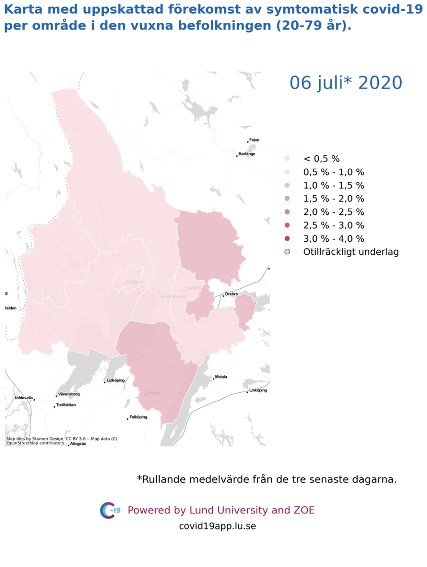 Karta med uppskattad förekomst av symtomatisk covid-19 i den vuxna befolkningen (20-79 år) i olika områden i Värmland, 6 juli 2020.